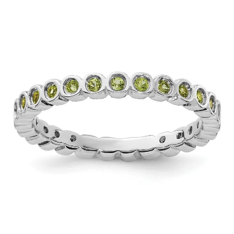 Peridot Gemstone Rings with a Floral - Motif BandCurata 925 Sterling Silver Bezel Polished Patterned Stackable Expressions Peridot Ring