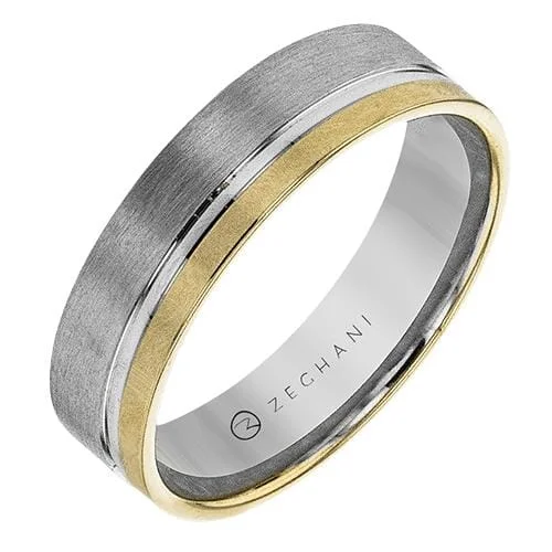 Wedding Bands with Hidden Diamond Halo Under the SettingWhite Gold Brushed Mens Band.