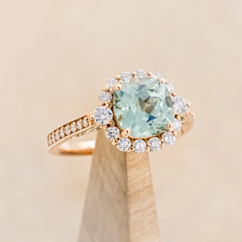 "OPHELIA" - CUSHION CUT LAB-GROWN GREEN SAPPHIRE ENGAGEMENT RING WITH DIAMOND HALO & ACCENTS