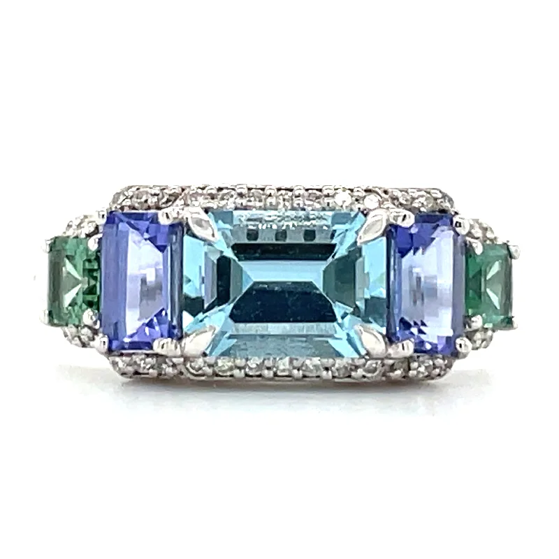 Alexandrite Gemstone Rings with a Chameleon - like Color Change18ct White Gold Earth Grown Aquamarine, Tanzanite, Green Tourmaline & Diamond Ring