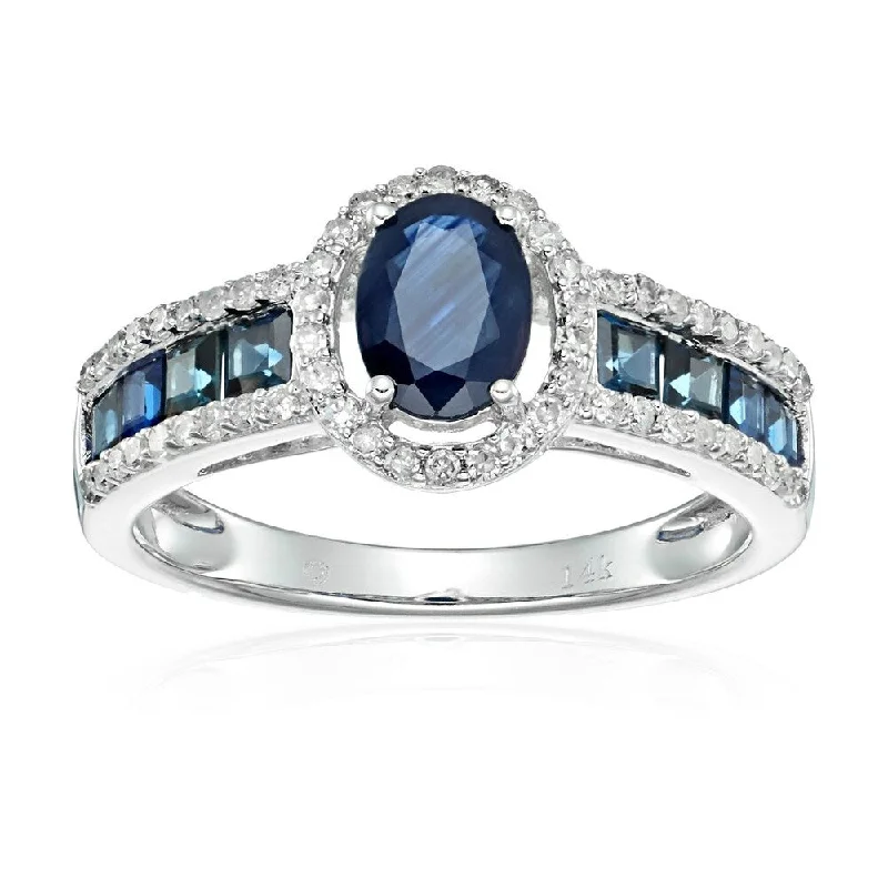 Sapphire Gemstone Rings in a Victorian - Inspired Design14k White Gold Blue Sapphire and Diamond Halo Engagement Ring, Size 7