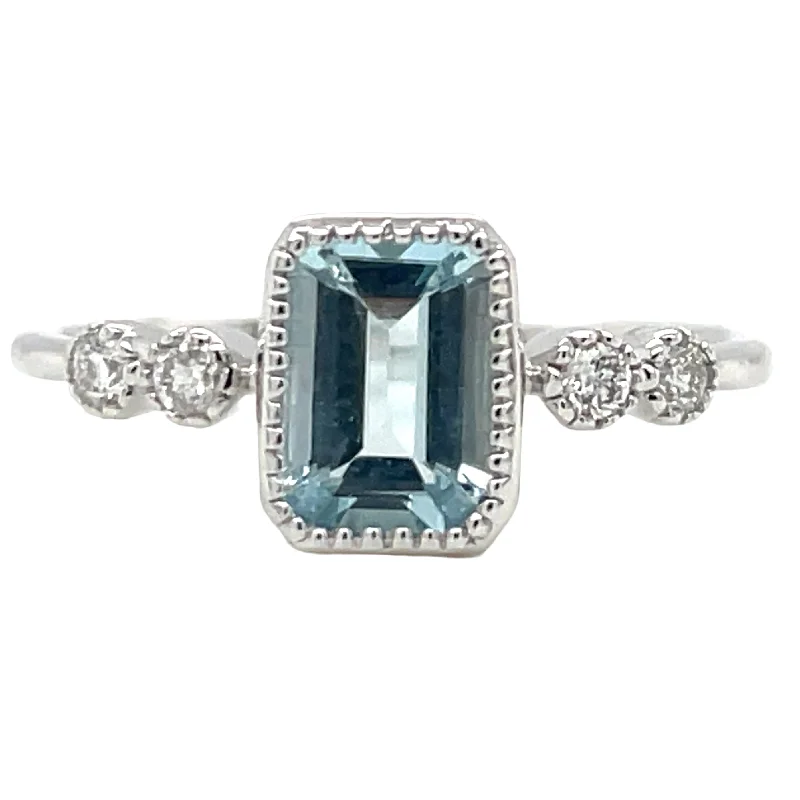 Sapphire Gemstone Rings in a Victorian - Inspired Design9ct White Gold Earth Grown Emerald Cut Aquamarine & Diamond Ring