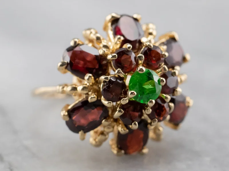 Agate Gemstone Rings with a Banded and Textured DesignGreen and Red Garnet Cluster Gold Statement Ring