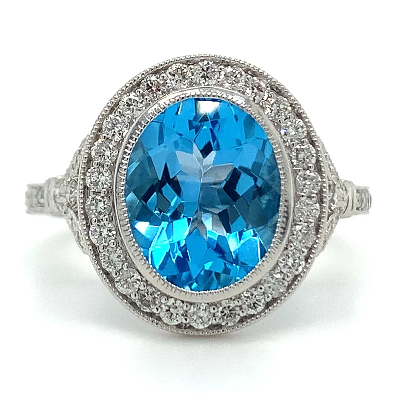 Sapphire Gemstone Rings in a Victorian - Inspired Design9ct White Gold 3.35ct Earth Grown Oval Cut Blue Topaz & Diamond Halo Ring