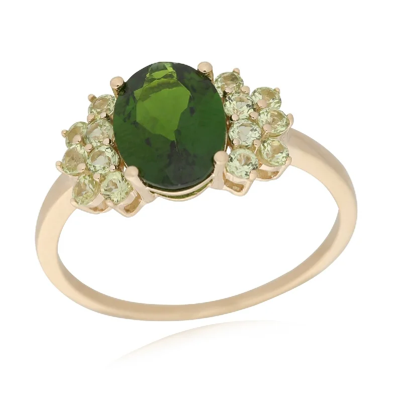 Peridot Gemstone Rings with a Floral - Motif Band14Kt Yellow Gold Peridot and Chrome Diopside Ring