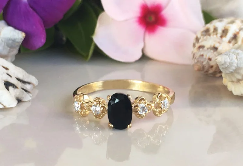 Ruby Gemstone Rings with Intricate Gold Filigree SettingsBlack Onyx Ring - December Birthstone - Delicate Ring with Oval Black Onyx Middle Gemstone and Flower Setting with Clear Quartz Accents