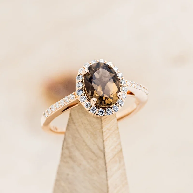 "DIANA" - OVAL SMOKY QUARTZ ENGAGEMENT RING WITH DIAMOND HALO & ACCENTS