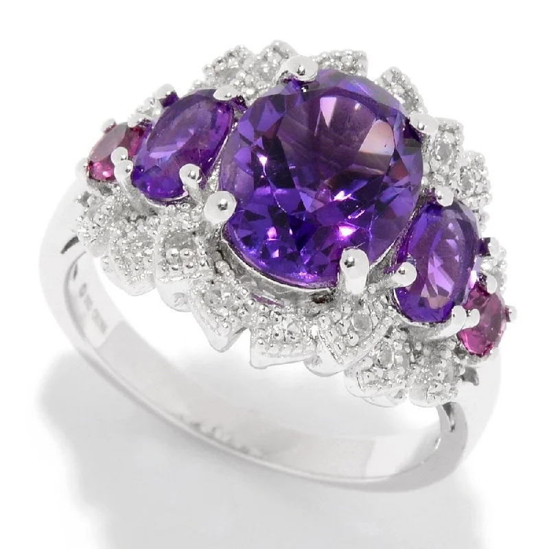 Tourmaline Gemstone Rings in a Multicolor ArraySterling Silver Amethyst & White Topaz Fancy Halo Ring