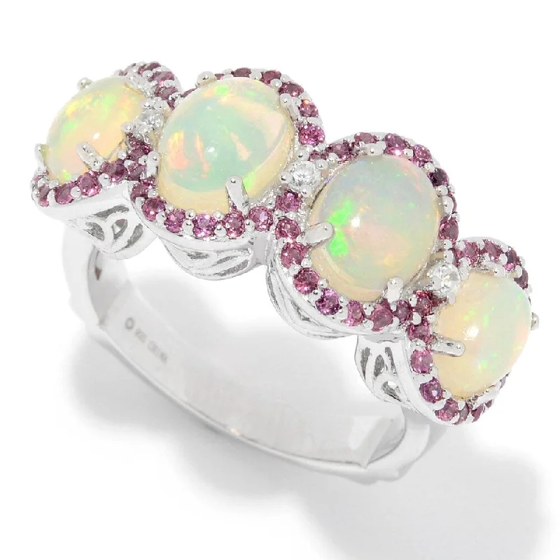 Tanzanite Gemstone Rings with Platinum Milgrain DetailingSterling Silver Ethiopian Opal, Rhodolite & White Zircon Halo Ring