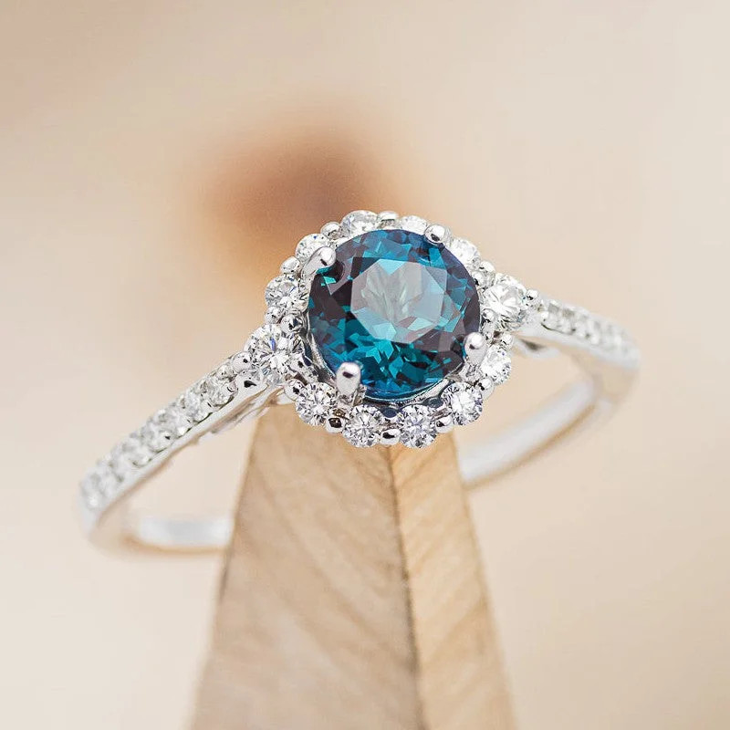 "OPHELIA" - ROUND CUT LAB-GROWN ALEXANDRITE ENGAGEMENT RING WITH DIAMOND HALO & ACCENTS