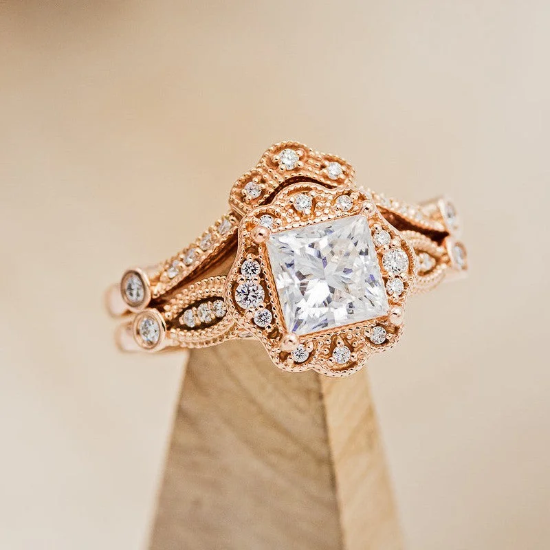 "EILEEN" - PRINCESS CUT MOISSANITE ENGAGEMENT RING WITH DIAMOND ACCENTS & TRACER