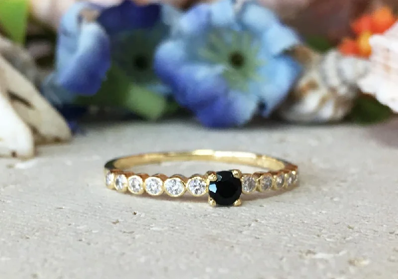 Tanzanite Gemstone Rings with Platinum Milgrain DetailingTimeless Contrast: Delicate Stacking Ring with Black Onyx Center Gemstone and Clear Quartz Accents