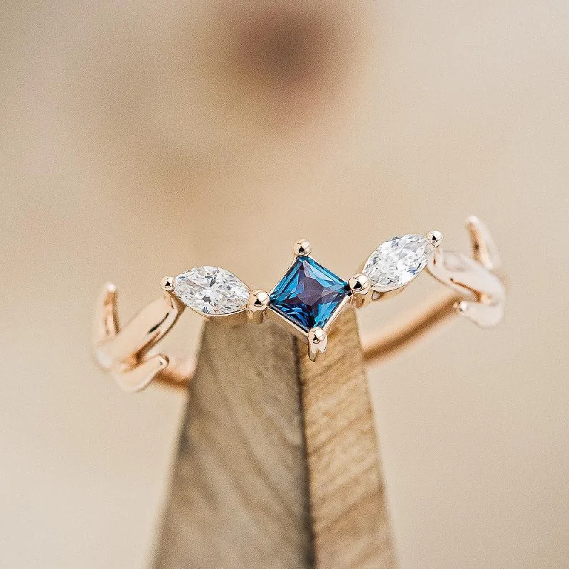 "ARTEMIS" - PRINCESS CUT LAB-GROWN ALEXANDRITE ENGAGEMENT RING WITH MARQUISE DIAMOND ACCENTS