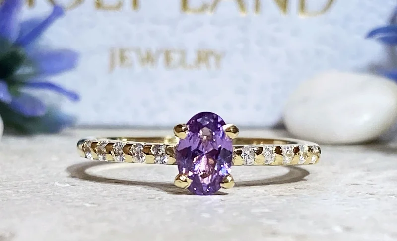 Sapphire Gemstone Rings in a Victorian - Inspired DesignAlexandrite Ring - June Birthstone - Ring with Oval Alexandrite Gemstone and Clear Quartz Accents