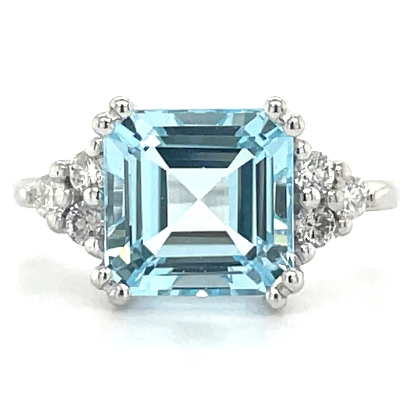 Emerald Gemstone Rings with Diamond - Encrusted Halos9ct White Gold Earth Grown Princess Cut Blue Topaz & Diamond Ring