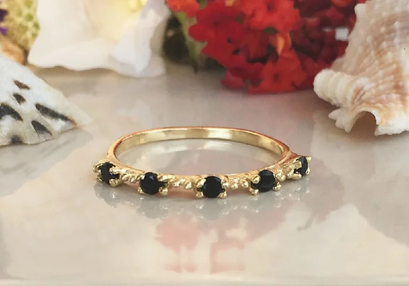 Topaz Gemstone Rings with a Faceted Cut and Shimmering EffectBlack Onyx Ring - December Birthstone - Stacking Ring with Five Round Black Onyx Stones