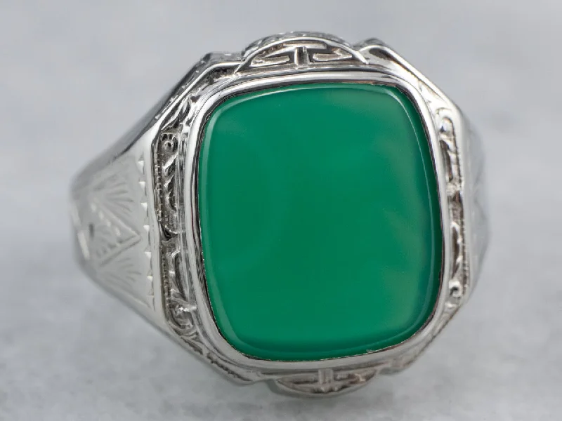 Peridot Gemstone Rings with a Floral - Motif BandArt Deco Green Onyx Men's Ring