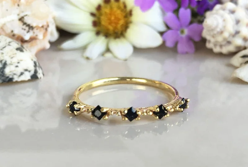 Citrine Gemstone Rings in a Modern Minimalist StyleBlack Onyx Ring - December Birthstone - Stacking Ring with Five Square Black Onyx Stones