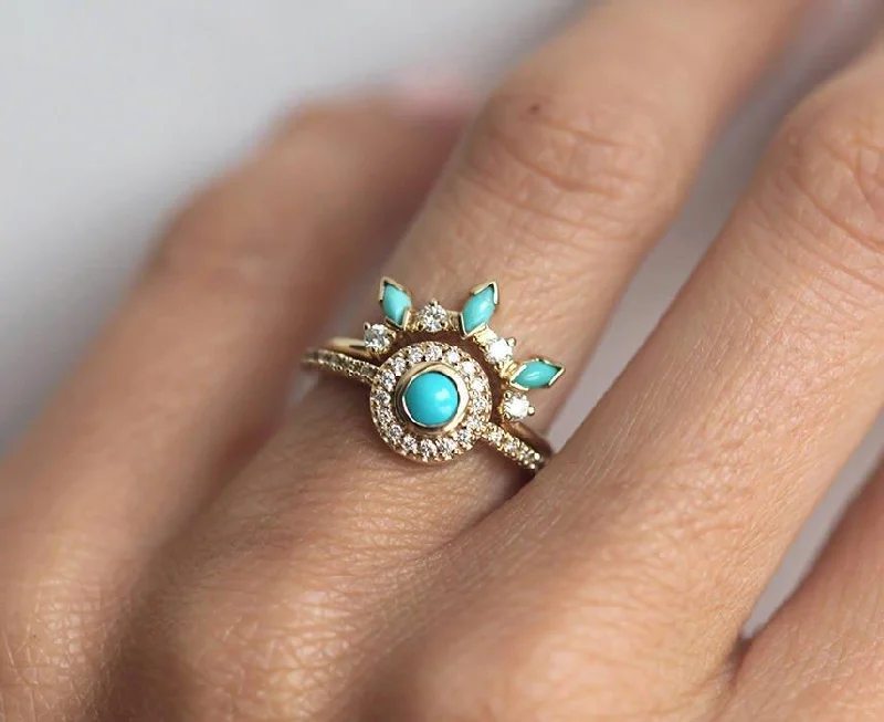 Rose Gold Wedding Bands with Floral - Engraved SidesDreamcatcher Ring Set, Turquoise Diamond Ring Set