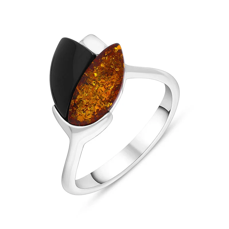 Laser - Cut Wedding Bands with Intricate Geometric PatternsSterling Silver Whitby Jet Amber 2 Stone Leaf Ring