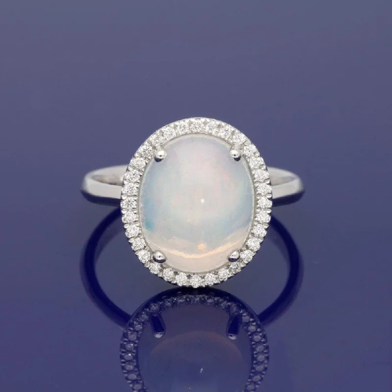 Garnet Gemstone Rings with a Vintage - Style Bezel Setting18ct White Gold Large Opal & Diamond Oval Cluster Ring