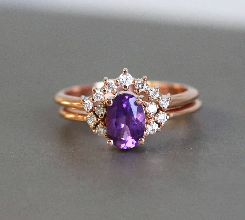 Vintage - Inspired Wedding Bands with Filigree ScrollworkDora Amethyst Ring Set