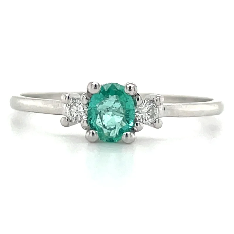 Peridot Gemstone Rings with a Floral - Motif Band9ct White Gold Earth Grown Oval Emerald & Diamond Ring