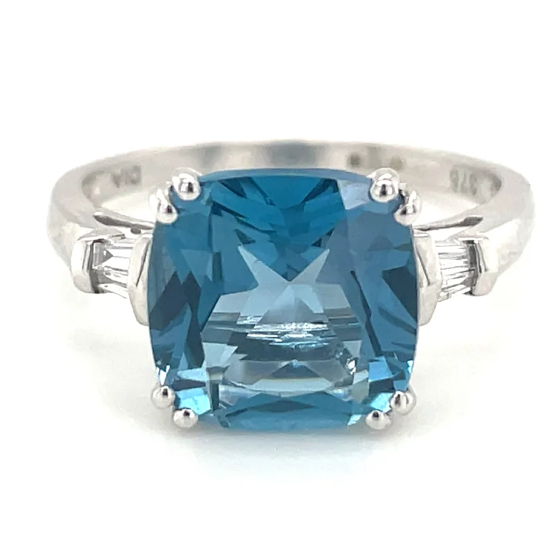 Turquoise Gemstone Rings with Native American - Inspired Patterns9ct White Gold Cushion Cut Blue Topaz  and Diamond Ring