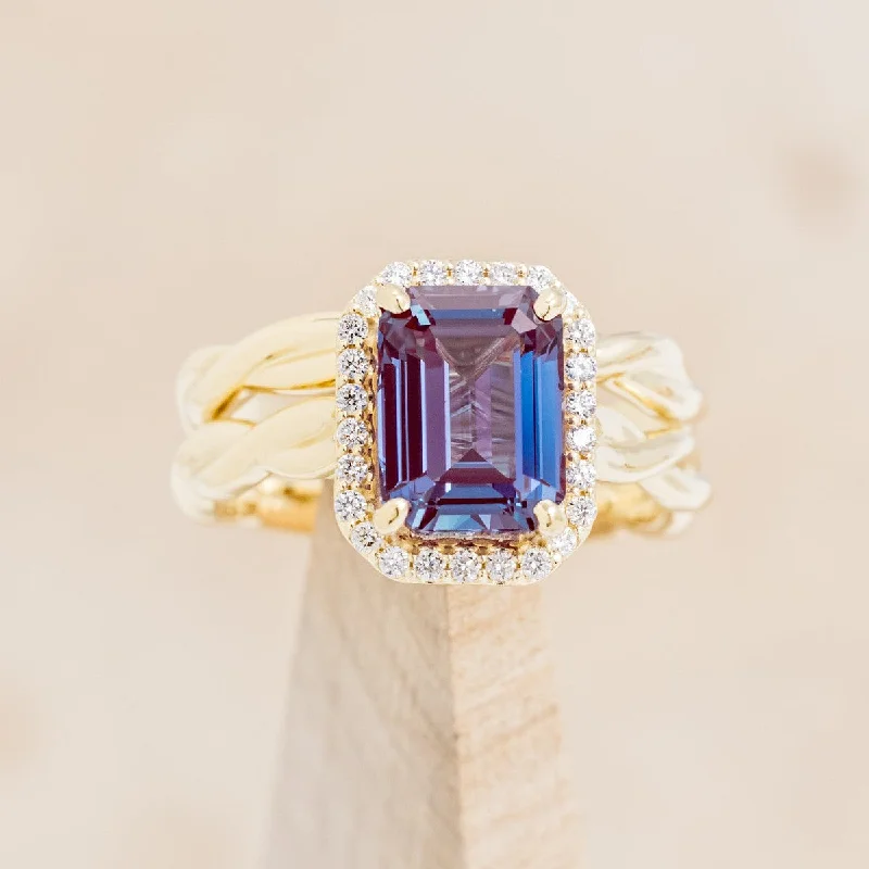 "EVERLEIGH" - EMERALD CUT LAB-GROWN ALEXANDRITE WEDDING BAND SET WITH DIAMOND HALO & TWISTED STACKING BAND