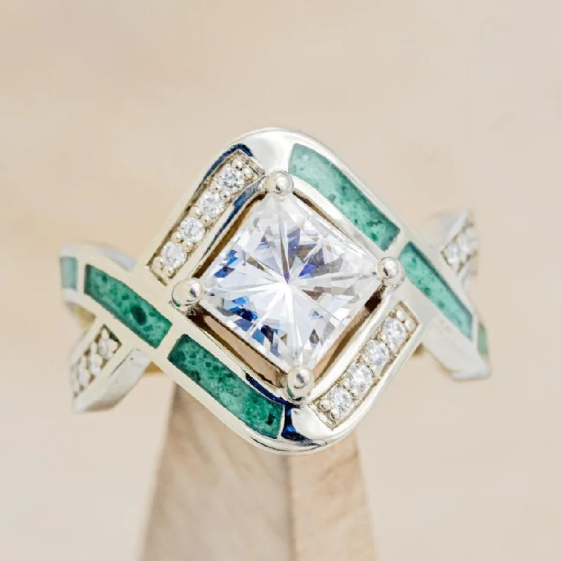 "HELIX" - PRINCESS CUT MOISSANITE ENGAGEMENT RING WITH DIAMOND ACCENTS & MALACHITE INLAYS