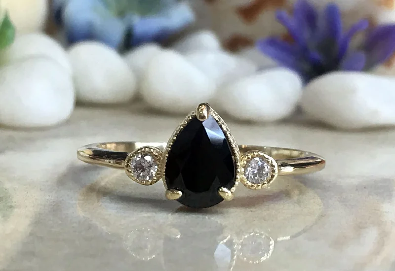 Amethyst Gemstone Rings with Sterling Silver Braided BandsBlack Onyx Ring - December Birthstone - Delicate Pear Shape Black Onyx Ring with Clear Quartz Accents