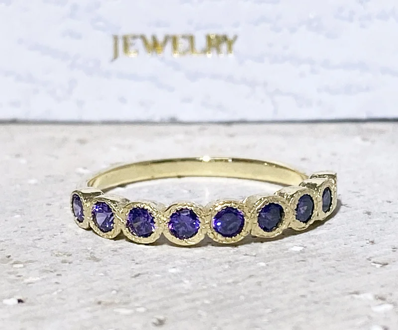 Topaz Gemstone Rings with a Faceted Cut and Shimmering EffectAmethyst Ring - February Birthstone - Stacking Ring with Nine Round Purple Amethyst Stones