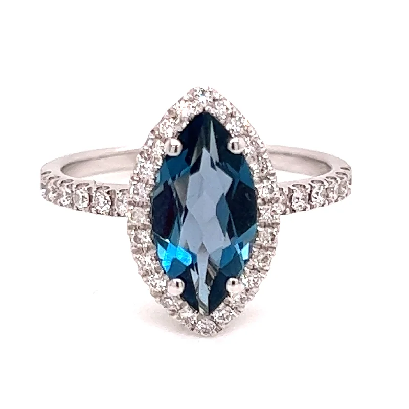 Topaz Gemstone Rings with a Faceted Cut and Shimmering Effect18ct White Gold 1.67ct Earth Grown Marquis London Blue Topaz & Diamond Ring