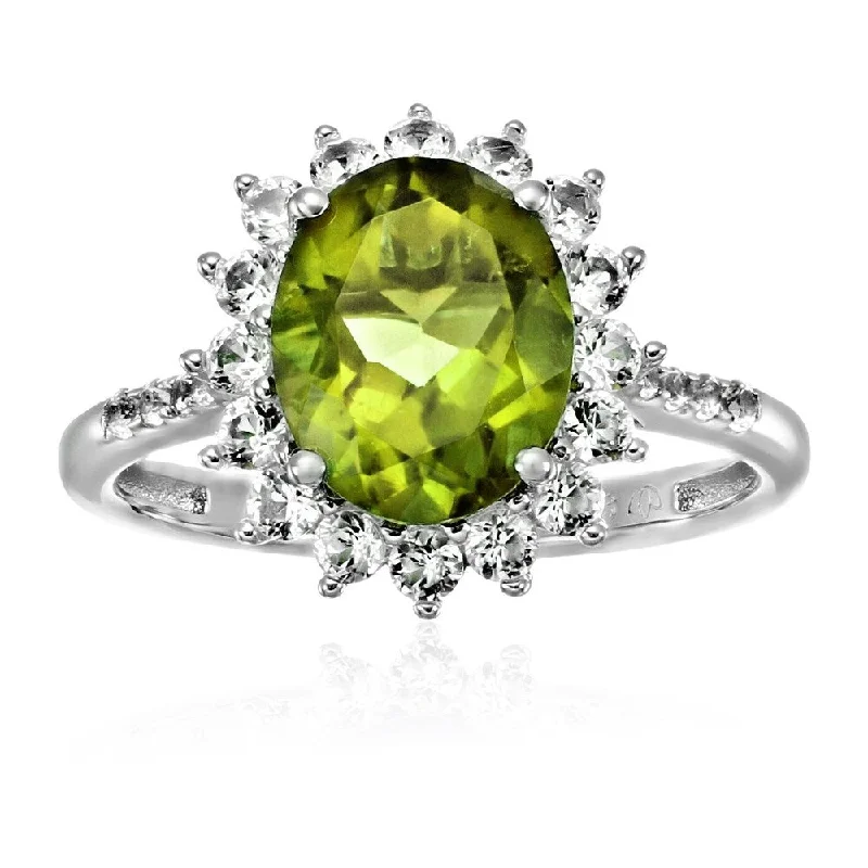 Emerald Gemstone Rings with Diamond - Encrusted HalosSterling Silver Peridot & White Sapphire Engagement Halo Engagement Ring Size - 7