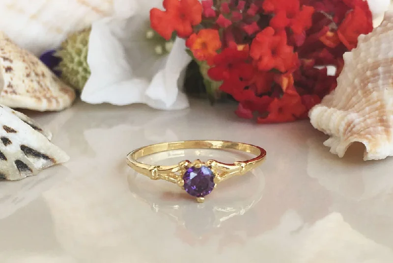 Emerald Gemstone Rings with Diamond - Encrusted HalosAmethyst Ring - February Birthstone - Delicate Simple Ring with Purple Amethyst Gemstone