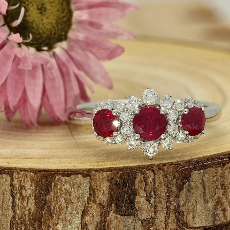 Agate Gemstone Rings with a Banded and Textured Design18ct White Gold Ruby & Diamond Trilogy Cluster Ring