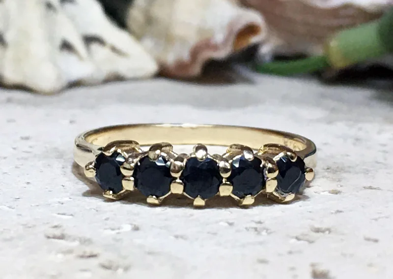 Topaz Gemstone Rings with a Faceted Cut and Shimmering EffectBlack Onyx Ring - December Birthstone - Stacking Ring with Five Round Black Onyx Gemstones