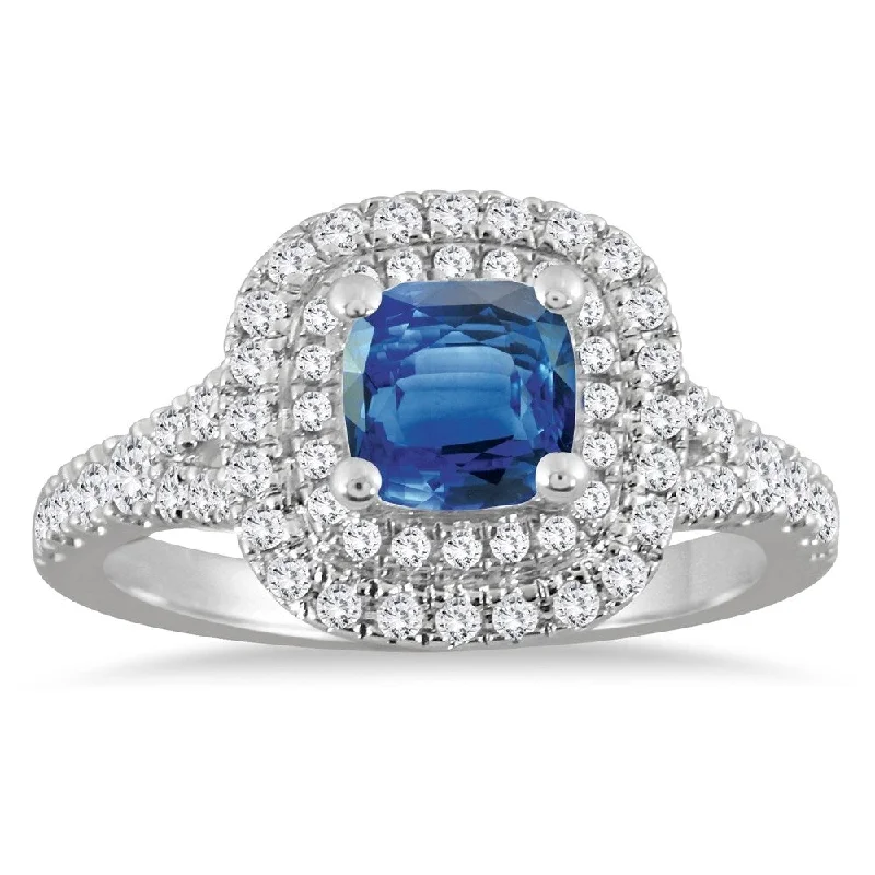 Engagement Rings with a Triple - Row Diamond Band1 1/2 Carat Sapphire and Diamond Halo Engagement Ring in 14K White Gold