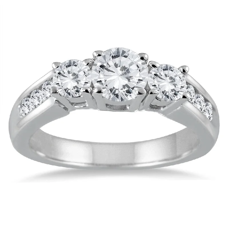 Engagement Rings with a Hidden Halo and Pavé - Set Band1 1/2 Carat TW Diamond Three Stone Ring in 10K White Gold