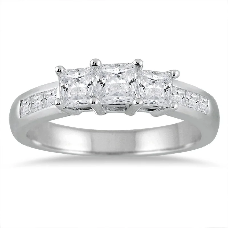 Vintage - Style Engagement Rings with Intricate Scrollwork1 1/2 Carat TW Princess Cut Diamond Three Stone Ring in 14K White Gold