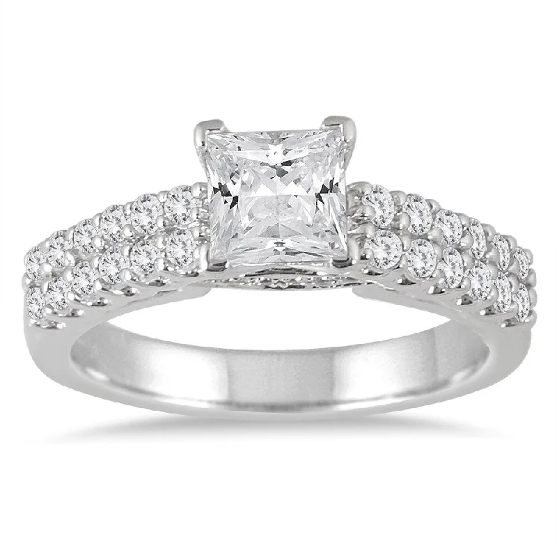 Cushion - Shaped Engagement Rings with Bead - Set Diamonds1 1/2 Carat TW Princess Diamond Engagement Ring in 14K White Gold