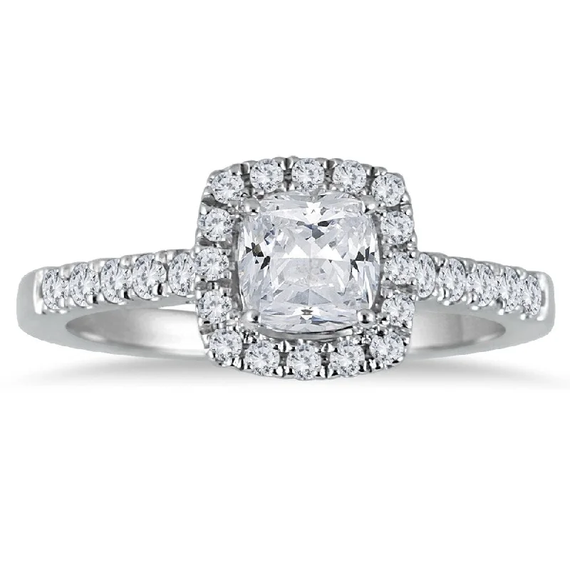 Engagement Rings with a Triple - Row Diamond Band1 1/3 Carat Cushion Cut Diamond Halo Engagement Ring in 14K White Gold