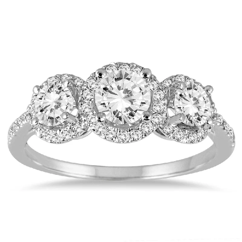 Engagement Rings with a Cathedral - Style Basket Setting1 1/3 Carat TW Diamond Three Stone Halo Ring in 14K White Gold