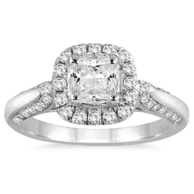 Engagement Rings with a Hidden Halo and Pavé - Set Band1 1/4 Carat TW Cushion Cut Diamond Halo Engagement Ring in 14K White Gold