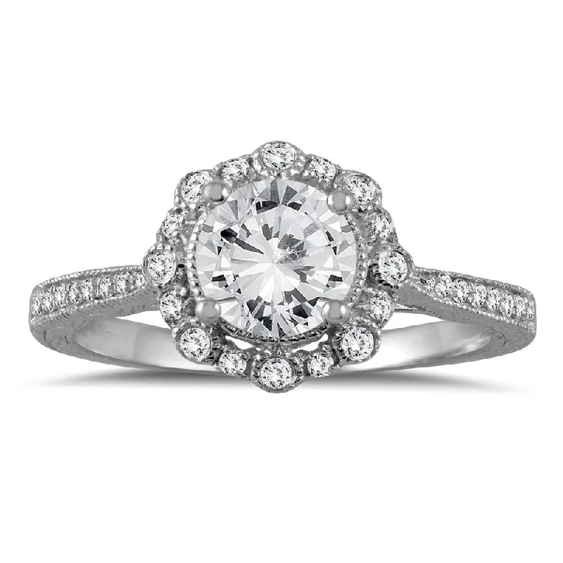 Engagement Rings with a Cathedral - Style Basket Setting1 1/5 Carat TW Diamond Halo Engagement Ring in 14K White Gold