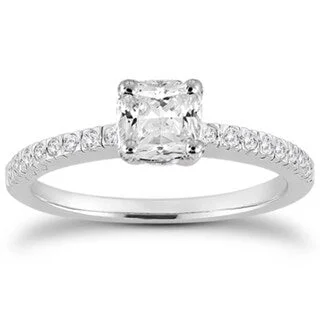 Engagement Rings with a Floral - Inspired Prong Setting1 1/6 Carat Cushion Cut Diamond Pave Ring in 14K White Gold