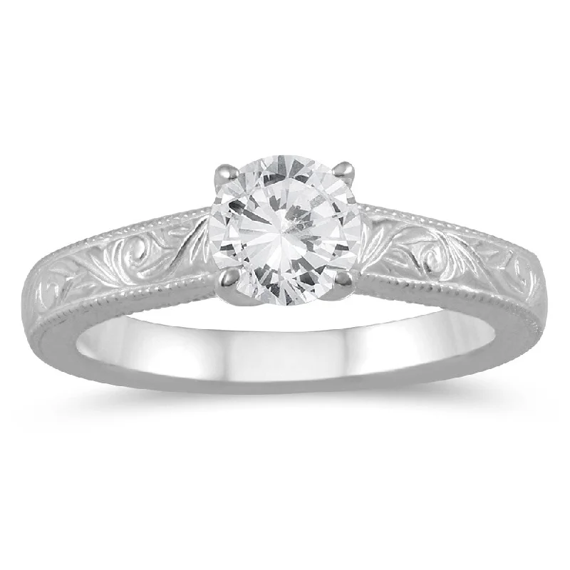 Engagement Rings with a Hidden Halo and Pavé - Set Band1/2 Carat Diamond Solitaire Engraved Engagement Ring in 10K White Gold