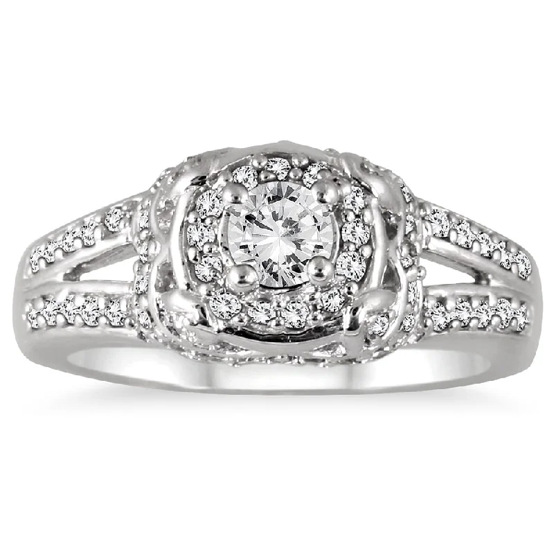 Vintage - Style Engagement Rings with Intricate Scrollwork1/2 Carat TW Diamond Halo Antique Ring in 10K White Gold