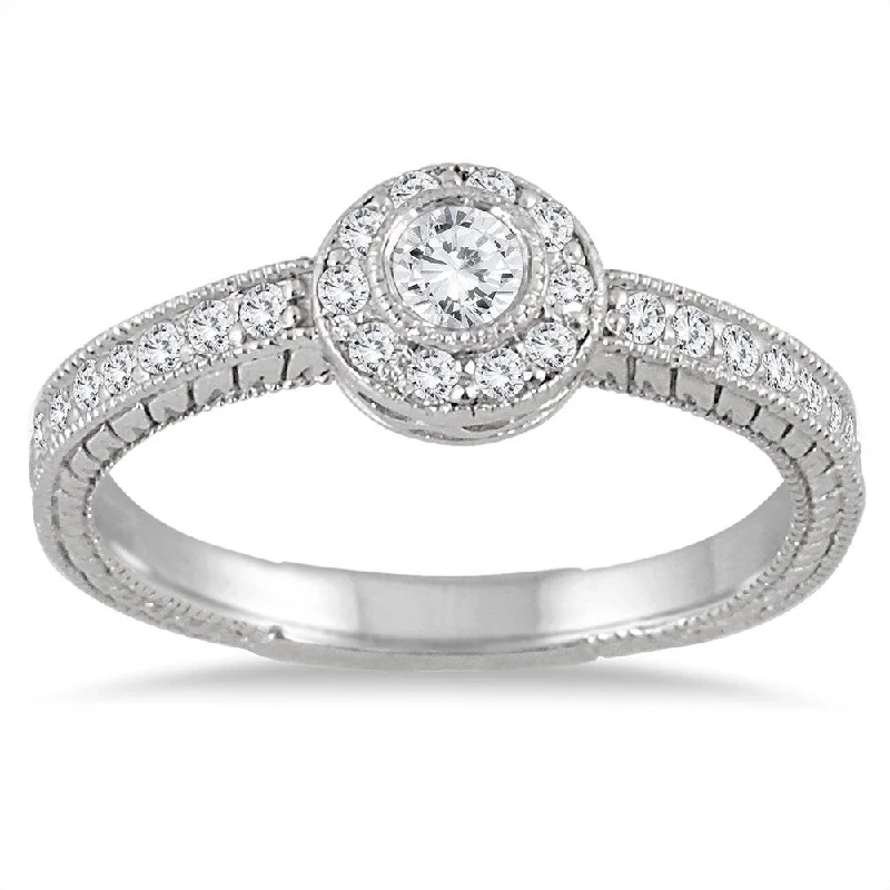 Two - Tone Engagement Rings in Rose and White Gold1/2 Carat TW Engraved Halo Ring in 14K White Gold