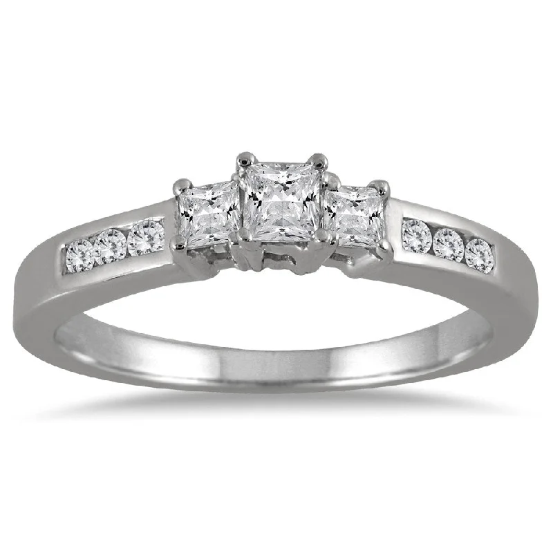 Custom - Engraved Engagement Rings with a Special Message1/2 Carat TW Princess Cut Diamond Three Stone Ring in 10K White Gold